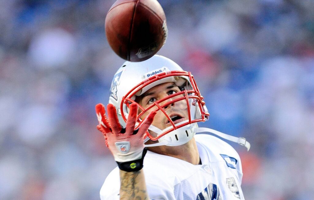 august 1, 2012: new england patriots tight end aaron hernandez 81 makes a one handed catch during th