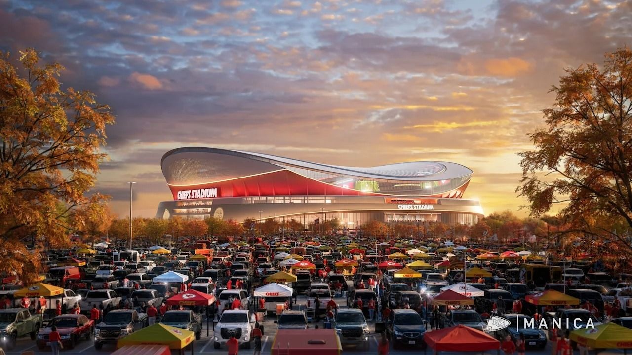 Visualisierung des neuen Chiefs-Stadions in Kansas bei Abendlicht, davor Tailgating-Parkplätze mit Zelten
