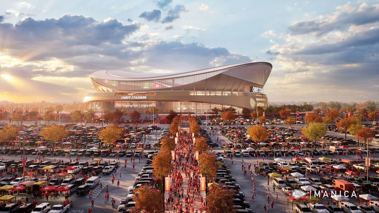 Visualisierung des neuen Chiefs-Stadions bei Tag mit Fan-Weg zwischen den Tailgating-Parkplätzen