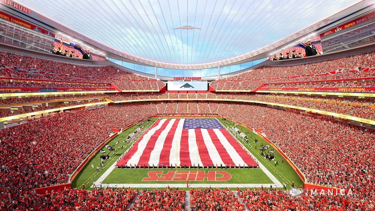 Visualisierung des Innenraums im neuen Chiefs-Stadion mit lichtdurchlässigem Dach und großer US-Flagge auf dem Spielfeld
