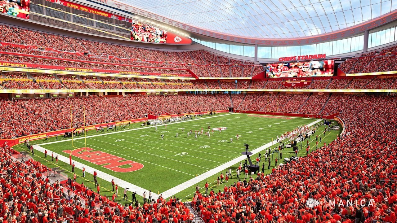 Visualisierung des neuen Chiefs-Stadions von innen während eines Spiels mit voll besetzten Rängen