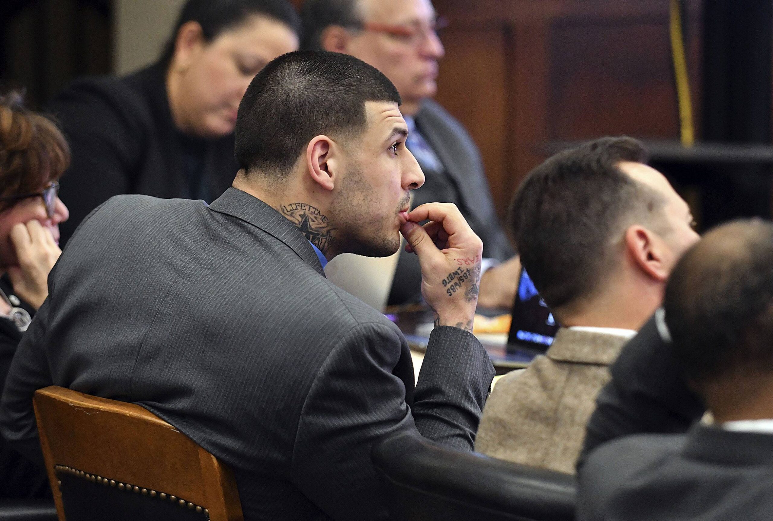 Aaron Hernandez im Gerichtssaal in Boston während des Doppelmord-Prozesses, März 2017