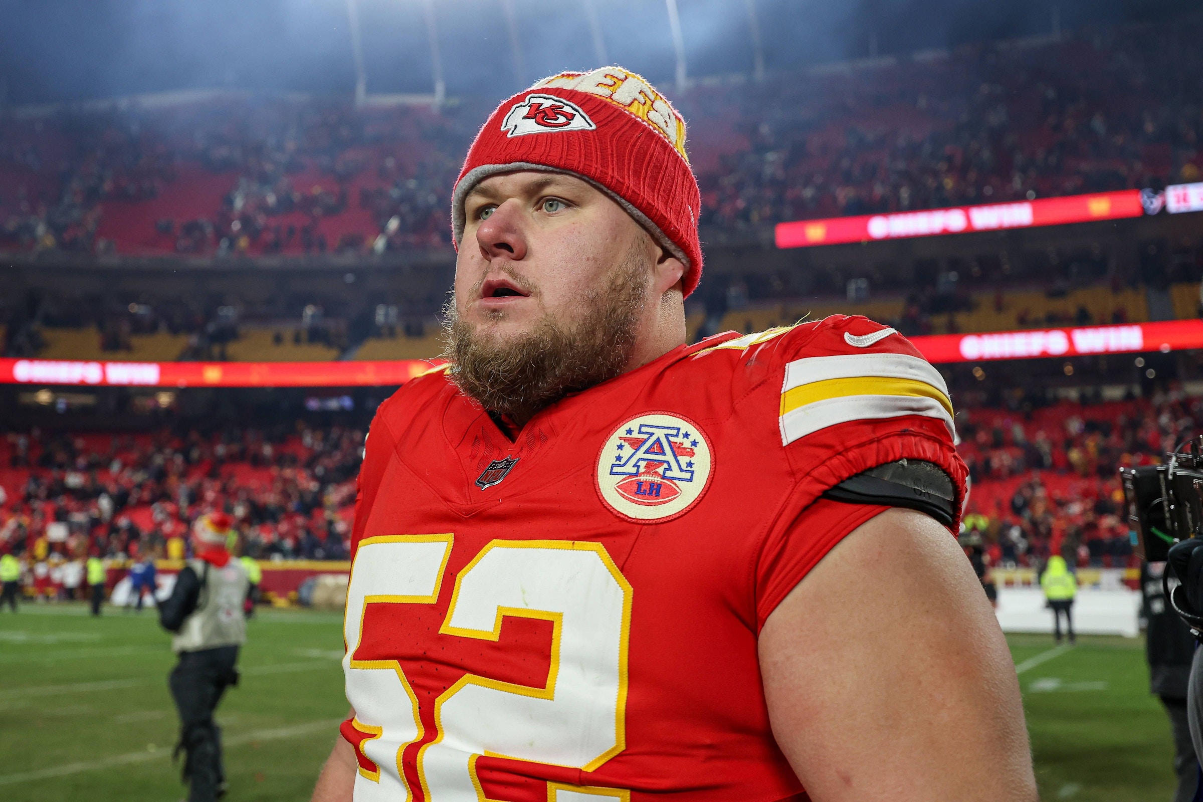 Center Creed Humphrey von den Kansas City Chiefs nach dem Playoff-Sieg gegen die Houston Texans